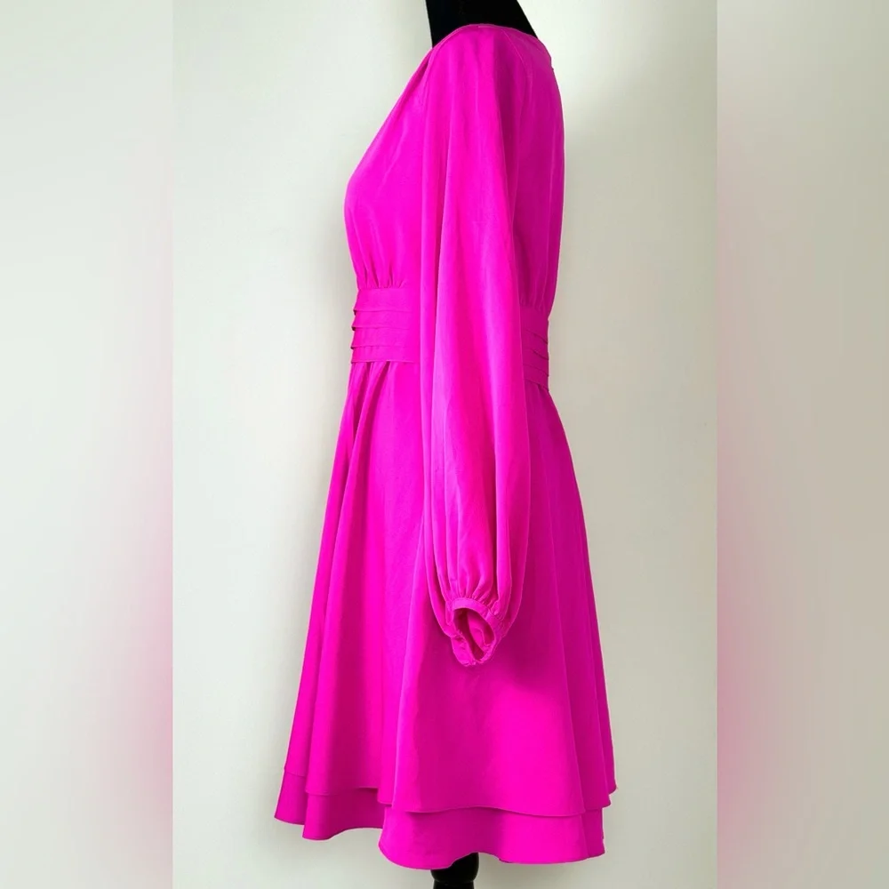 Eliza J Hot Pink Fuschia Long Sleeve Fit & Flare V-Neck Dress-Small - Picture 4 of 10